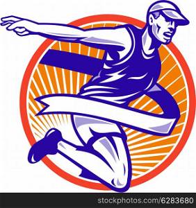 Illustration of a male athlete marathon runner running with finish line ribbon tape set inside circle done in retro style.. Male Marathon Runner Running Retro Woodcut