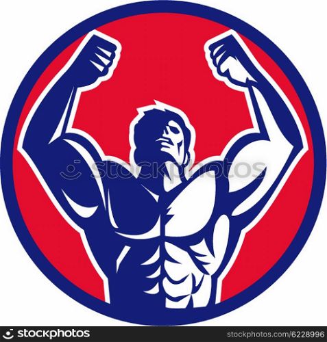 Illustration of a male body builder flexing muscles looking up viewed from front set inside circle on isolated background done in retro style. . Body Builder Flexing Muscles Circle Retro