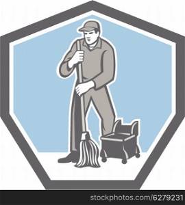 Illustration of a male cleaner janitor worker cleaning mopping floor viewed from front set inside shield crest on isolated background done in retro style.. Cleaner Janitor Mopping Floor Retro Shield