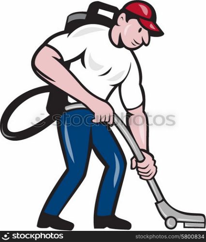 Illustration of a male commercial cleaner janitor worker with vacuum cleaner cleaning vacuuming looking down viewed from side on isolated background done in cartoon style.. Commercial Cleaner Janitor Vacuum Cartoon