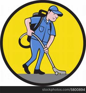 Illustration of a male commercial cleaner janitor worker with vacuum cleaner cleaning vacuuming looking down viewed from side set inside circle on isolated background done in cartoon style.. Commercial Cleaner Janitor Vacuum Circle Cartoon