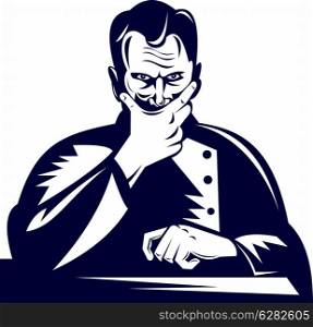 Illustration of a male doctor sitting facing front with hand on mouth chin retro woodcut.