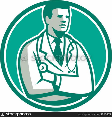 Illustration of a male medical doctor with stethoscope over shoulder standing looking to the side set inside circle on isolated background done in retro style.. Doctor Stethoscope Standing Circle Retro