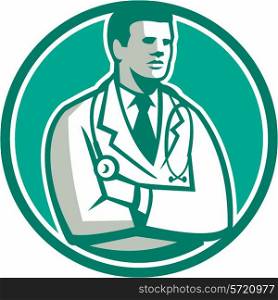 Illustration of a male medical doctor with stethoscope over shoulder standing looking to the side set inside circle on isolated background done in retro style.. Doctor Stethoscope Standing Circle Retro