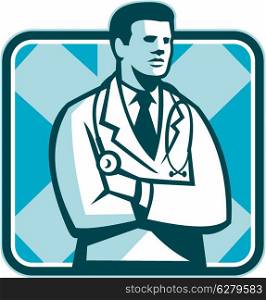 Illustration of a male medical doctor with stethoscope standing facing side set inside square done in retro style.. Medical Doctor Physician Stethoscope Standing Retro
