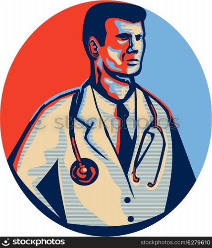 Illustration of a male medical doctor with stethoscope standing facing side set inside oval done in retro style.. Doctor Stethoscope Standing Retro