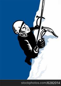 Illustration of a male mountain climber climbing with pick ax done in retro style.. male mountain climber climbing with pick ax