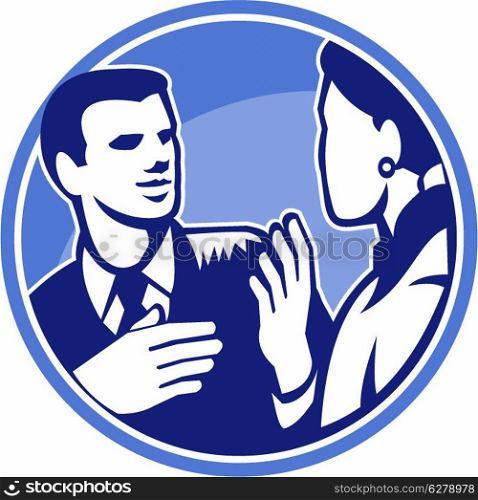 Illustration of a male office worker businessman talking and in discussion with female colleague done in retro woodcut style set inside circle.. Office Worker Businessman Discussion Woodcut