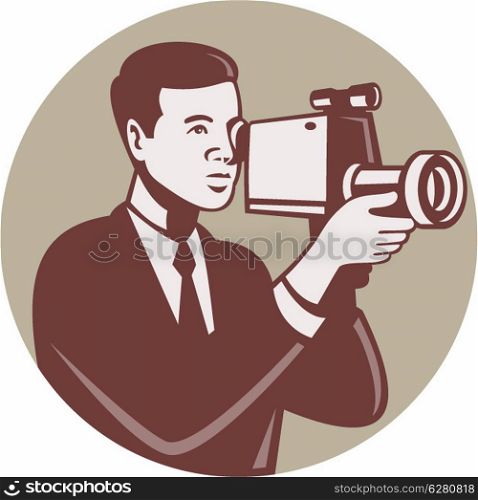 Illustration of a male photographer shooting with video camera handycam video cam done in retro style set inside circle.