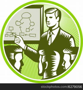 Illustration of a male presenter office worker businessman talking presenting making presentation to boardroom with colleagues white board with diagrams and mind maps in background done in retro woodcut style.. Businessman Presenting Boardroom Woodcut