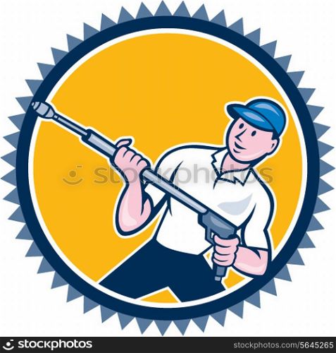 Illustration of a male pressure washing cleaner worker holding a water blaster viewed from front set inside rosette shape on isolated background done in cartoon style. . Pressure Washer Water Blaster Rosette Cartoon
