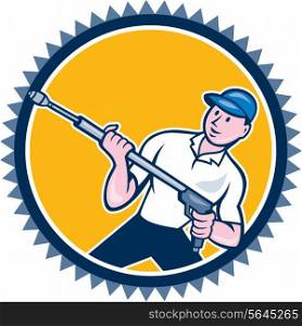 Illustration of a male pressure washing cleaner worker holding a water blaster viewed from front set inside rosette shape on isolated background done in cartoon style. . Pressure Washer Water Blaster Rosette Cartoon