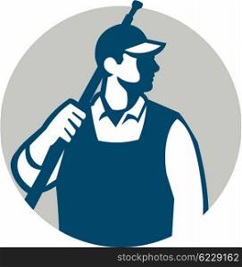 Illustration of a male pressure washing cleaner worker holding a water blaster on shoulder looking to the side viewed from front set inside circle on isolated background done in retro style.. Pressure Washer Worker Circle Retro
