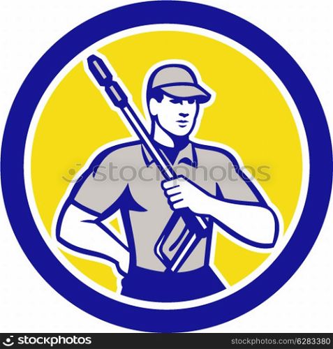 Illustration of a male pressure washing cleaner worker holding a water blaster viewed from front set inside circle on isolated background done in retro style.. Pressure Washer Clleaner Worker Retro Circle