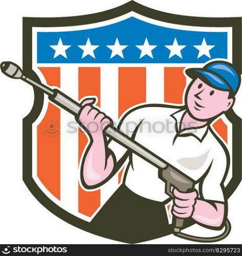 Illustration of a male pressure washing cleaner worker holding a water blaster viewed from front set inside shield crest with usa american stars and stripes in the bacgkround done in cartoon style. . Pressure Washer Water Blaster USA Flag Cartoon