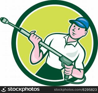 Illustration of a male pressure washing cleaner worker holding a water blaster viewed from front set inside circle shape on isolated background done in cartoon style. . Pressure Washer Water Blaster Circle Cartoon