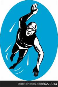Illustration of a male swimmer swimming done in retro style.