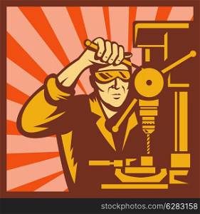 illustration of a Male trade worker operating a bench drill with sunburst in back set inside a square shape.. Male trade worker operating a bench drill