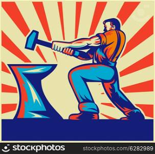 illustration of a male worker or blacksmith striking hammer and anvil with sunburst in background done in retro style. Blacksmith worker with hammer and anvil