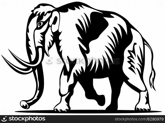Illustration of a mammoth standing side view isolated on white background done in retro style. . Mammoth Side View