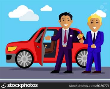 Illustration of a man buys a new car. Automobile sale, sell transport, dealer and customer, salesman and vehicle, purchase and seller, buyer and agent illustration