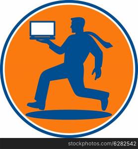 illustration of a man carrying laptop computer running viewed from the side set inside a circle. man carrying notebook laptop computer running