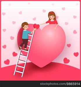 Illustration of a man climbing a ladder and give heart to woman for Valentine rsquo s day