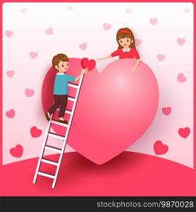 Illustration of a man climbing a ladder and give heart to woman for Va≤nti≠’s day