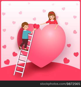 Illustration of a man climbing a ladder and give heart to woman for Valentine’s day