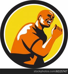 Illustration of a man fist pump looking to the side viewed from low angle set inside circle done in retro style.. Man Fist Pump Low Angle Retro