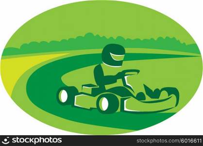 Illustration of a man in a go kart racing set inside oval shape with trees and racing track in the background done in retro style. . Go Kart Racing Oval Retro