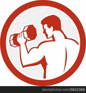 Illustration of a man lifting dumbbell weight training fitness set inside circle on isolated white background done in retro style.. Man Lifting Dumbbell Fitness Retro