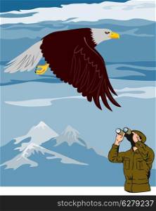 Illustration of a man looking at an eagle through binoculars with mountains in the background, done in retro style.