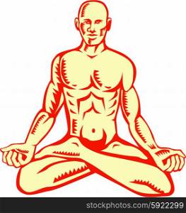 Illustration of a man medidating in lotus position cross-legged sitting asana in which the feet are placed on the opposing thighs viewed from front set on isolated white background done in retro woodcut style. . Man Lotus Position Asana Woodcut