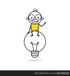 Illustration of a man sitting on top of a big light bulb. Creativity and idea concept. Hand drawn doodle stickman isolated on white background. Vector stock illustration.