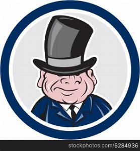 Illustration of a man wearing a top hat smiling viewed from front set inside circle on isolated background done in cartoon style.. Man Wearing Top Hat Smiling Circle Cartoon
