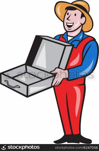 Illustration of a man wearing hat and overall standing smiling holding an empty open suitcase set inside circle on isolated backgroun done in cartoon style. . Man Holding Empty Open Suitcase Cartoon