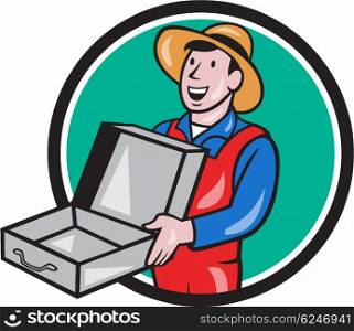 Illustration of a man wearing hat and overalls holding an empty open suitcase set inside circle on isolated backgroun done in cartoon style. . Man Holding Empty Open Suitcase Circle Cartoon