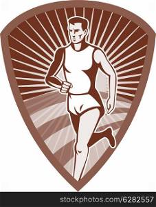 illustration of a Marathon athlete sports runner with sunburst and set in shield done in retro style.. Marathon athlete sports runner shield