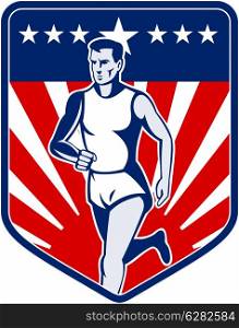 illustration of a Marathon runner done in retro style with american flag stars and stripes and sunburst in shield background. American Marathon runner stars and stripes
