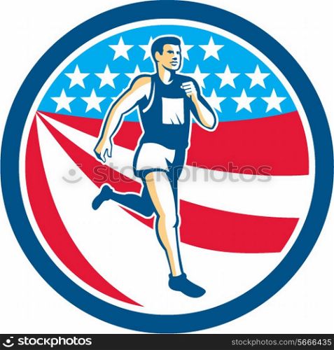 Illustration of a marathon runner running set inside circle with american stars and stripes in the background done in retro style.. American Marathon Runner Running Circle Retro