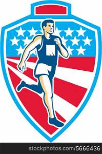 Illustration of a marathon runner running set inside shield crest with american stars and stripes in the background done in retro style.. American Marathon Runner Running Shield Retro