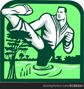 Illustration of a marital arts fighter kicking cypress tree on swamp or bayou set inside shield shape done in retro style. . Martial Arts Fighter Kicking Cypress Tree Retro