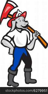 Illustration of a mascot dog canine fireman fire fighter emergency worker with fire axe looking to side done in cartoon style.. Dog Fireman Firefighter Fire Axe Cartoon