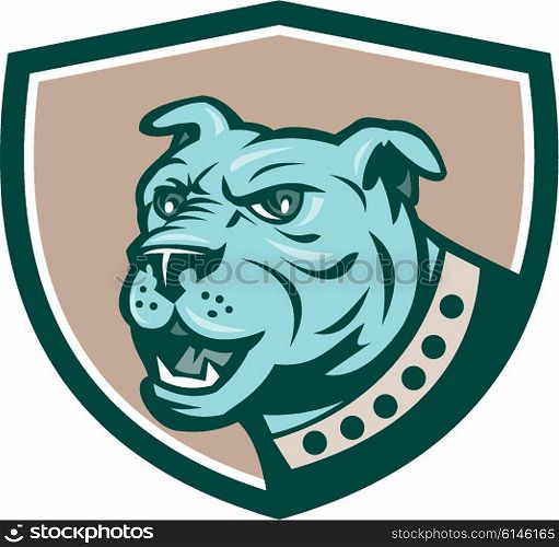 Illustration of a mastiff dog mongrel viewed from the side set inside shield crest on isolated background done in cartoon style. . Mastiff Dog Mongrel Head Side Crest Cartoon