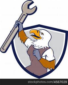 Illustration of a mechanic american bald eagle holding spanner looking to the side set inside shield crest on isolated background done in cartoon style. . Mechanic Bald Eagle Spanner Crest Cartoon