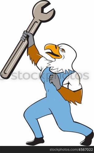 Illustration of a mechanic american bald eagle holding spanner standing with one leg bent looking to the side set on isolated white background done in cartoon style. . Mechanic Bald Eagle Spanner Standing Cartoon