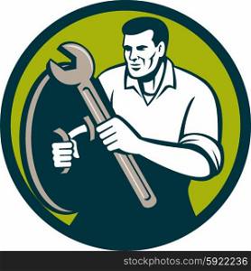Illustration of a mechanic brandishing spanner wrench looking to the side viewed from front set inside circle on isolated background done in retro style. . Mechanic Brandishing Spanner Wrench Circle Retro