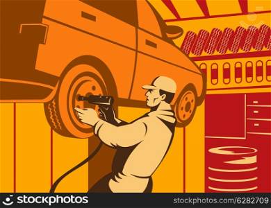Illustration of a mechanic car repairman with pneumatic drill working on car tire inside garage workshop.