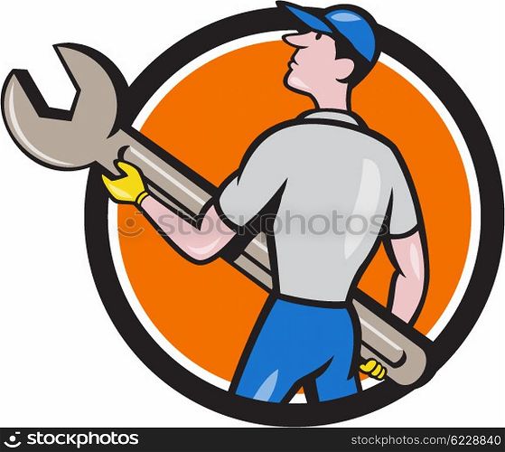 Illustration of a mechanic carrying giant spanner looking up to the side viewed from rear set inside circle on isolated background done in cartoon style. . Mechanic Carrying Giant Spanner Circle Cartoon